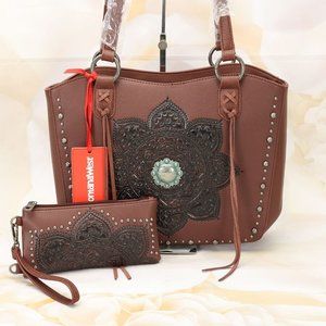 Montana West Womens Shoulder Tote Handbag Purse Med-Large Brown Leather W/Wallet